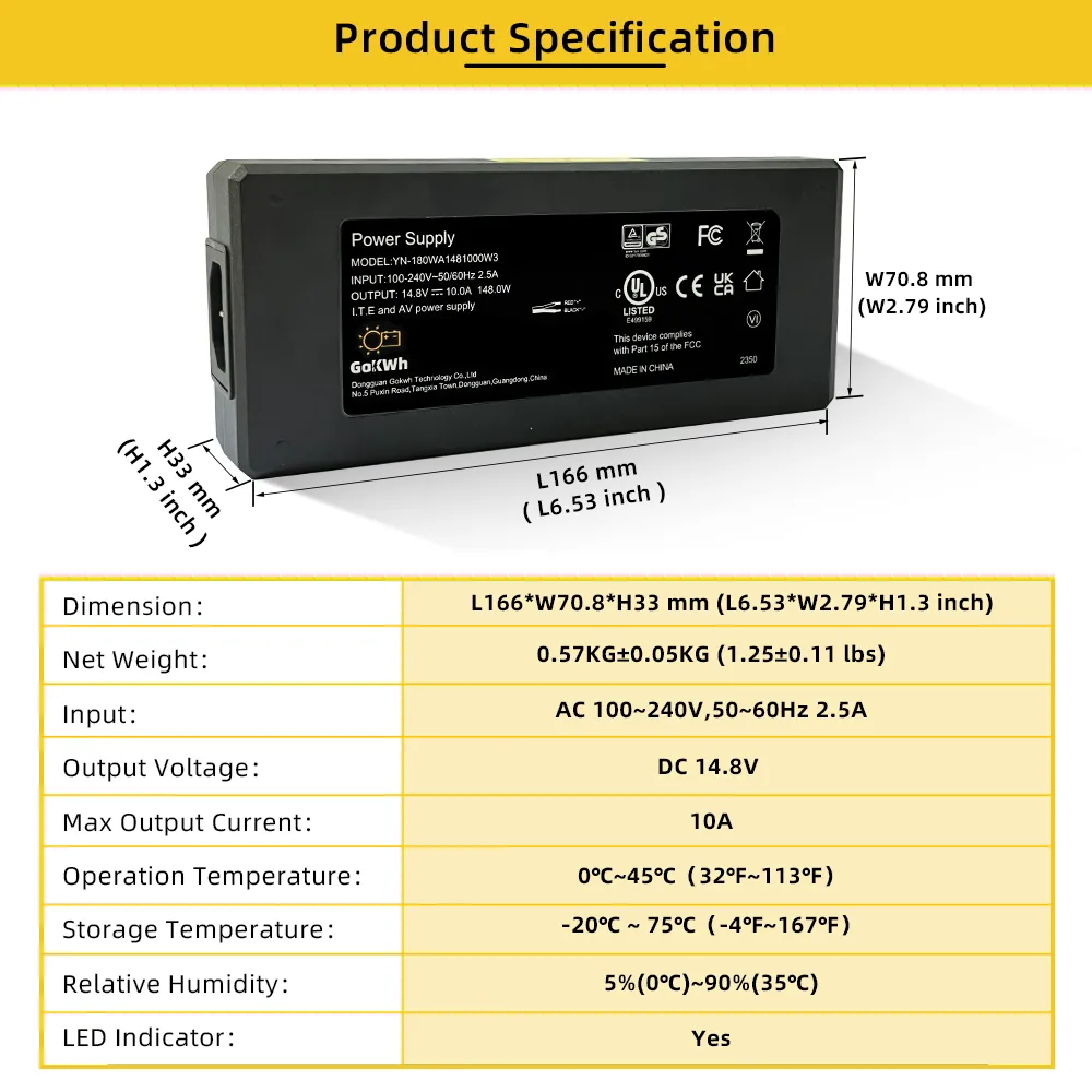 GoKWh 12V (14.8V) 10A AC To DC LiFePO4 Battery Charger High-Efficiency Fast Charging for Solar Energy and Off-Grid Systems