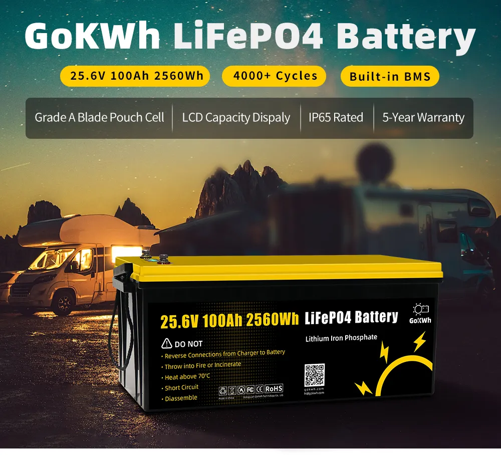 GoKWh 24V 100Ah LiFePO4 Battery with LCD Monitor Long Cycle Life 4000+ Marine Solar RV Off-Grid