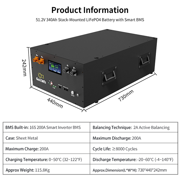 GoKWh 51.2V 340Ah 17kWh LiFePO4 Bluetooth & LCD Stack-mounted Battery Storage Intelligent BMS with Active Balancing, Real-time Monitoring for Home and Commercial Energy Storage