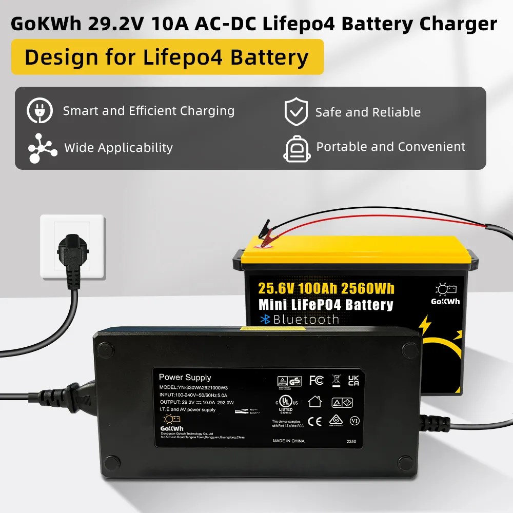 GoKWh 24V (29.2V) 10A AC To DC LiFePO4 Battery Charger High-Efficiency Fast Charging for Solar Storage and Off-Grid Systems