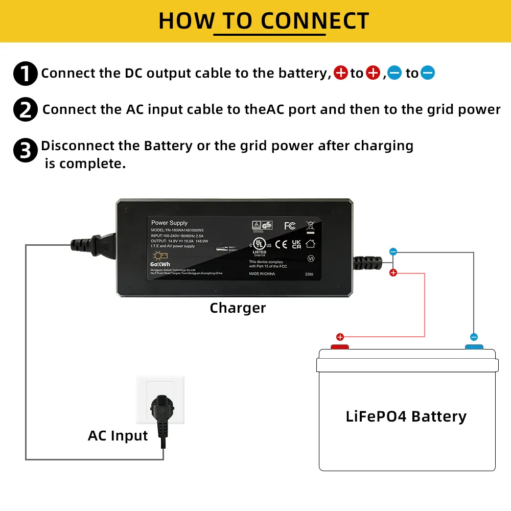 GoKWh 12V (14.8V) 10A AC To DC LiFePO4 Battery Charger High-Efficiency Fast Charging for Solar Energy and Off-Grid Systems
