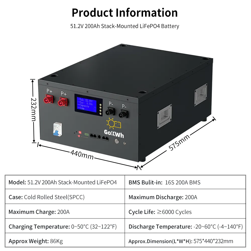 GoKWh 51.2V 200Ah 10.24kWh LiFePO4 Stack-mounted Battery Energy Storage Module High Thermal Stability for Home and Commercial Energy Storage