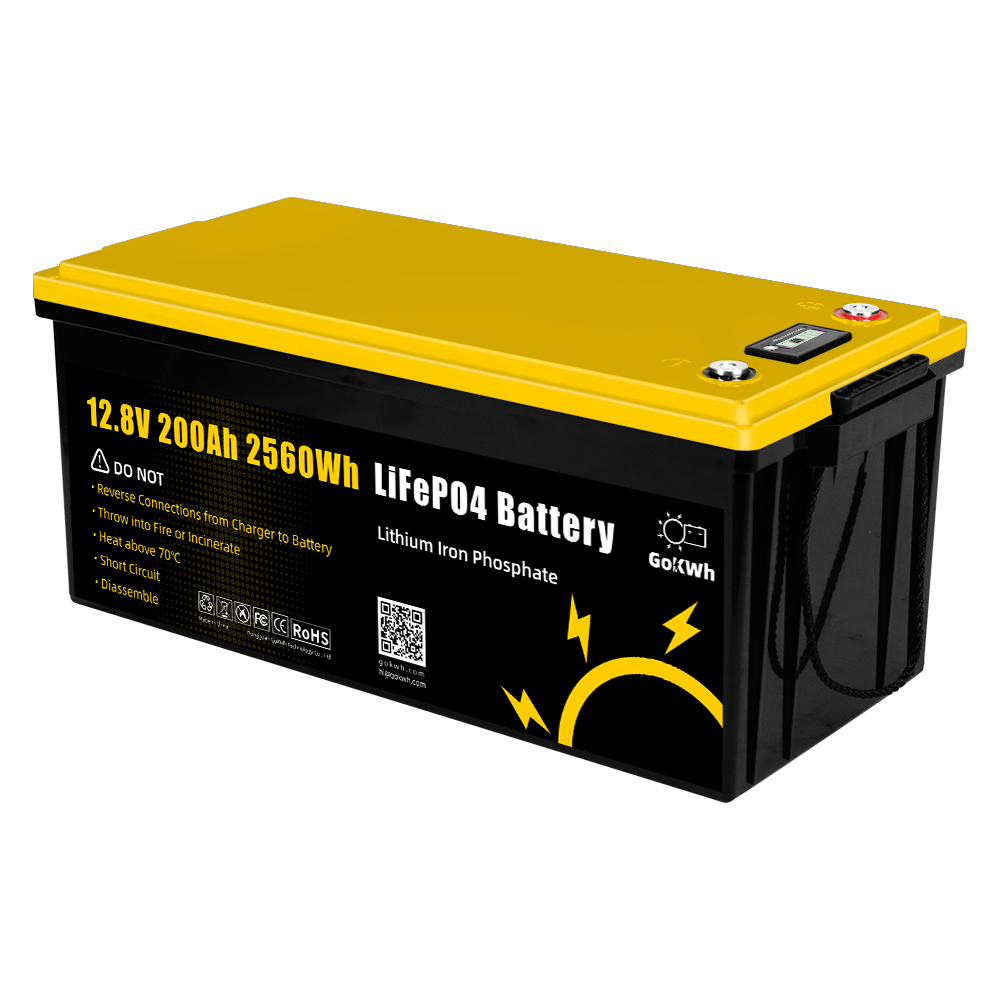 12V 200Ah LiFePO4 Battery with LCD Monitor Long Cycle Life 4000+ Marine Solar RV Off-Grid GoKWh