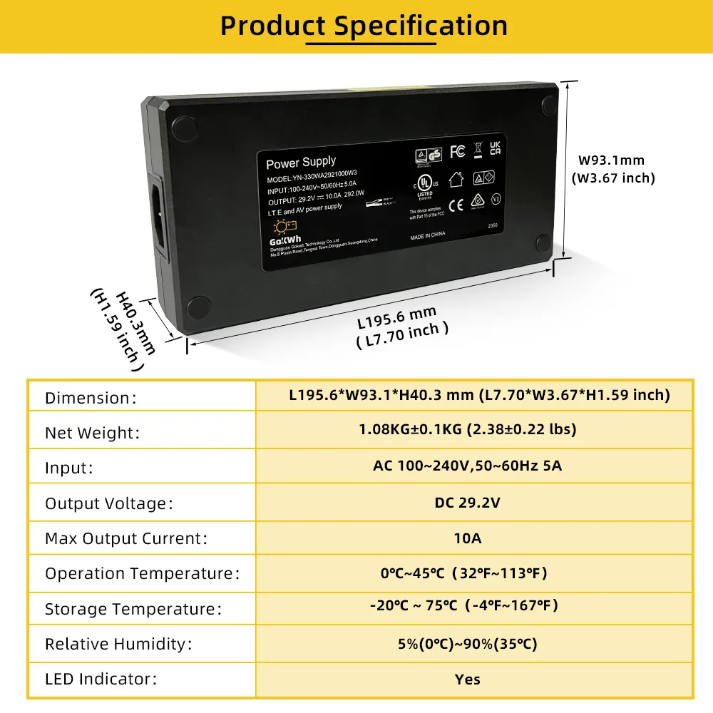 GoKWh 24V (29.2V) 10A AC To DC LiFePO4 Battery Charger High-Efficiency Fast Charging for Solar Storage and Off-Grid Systems