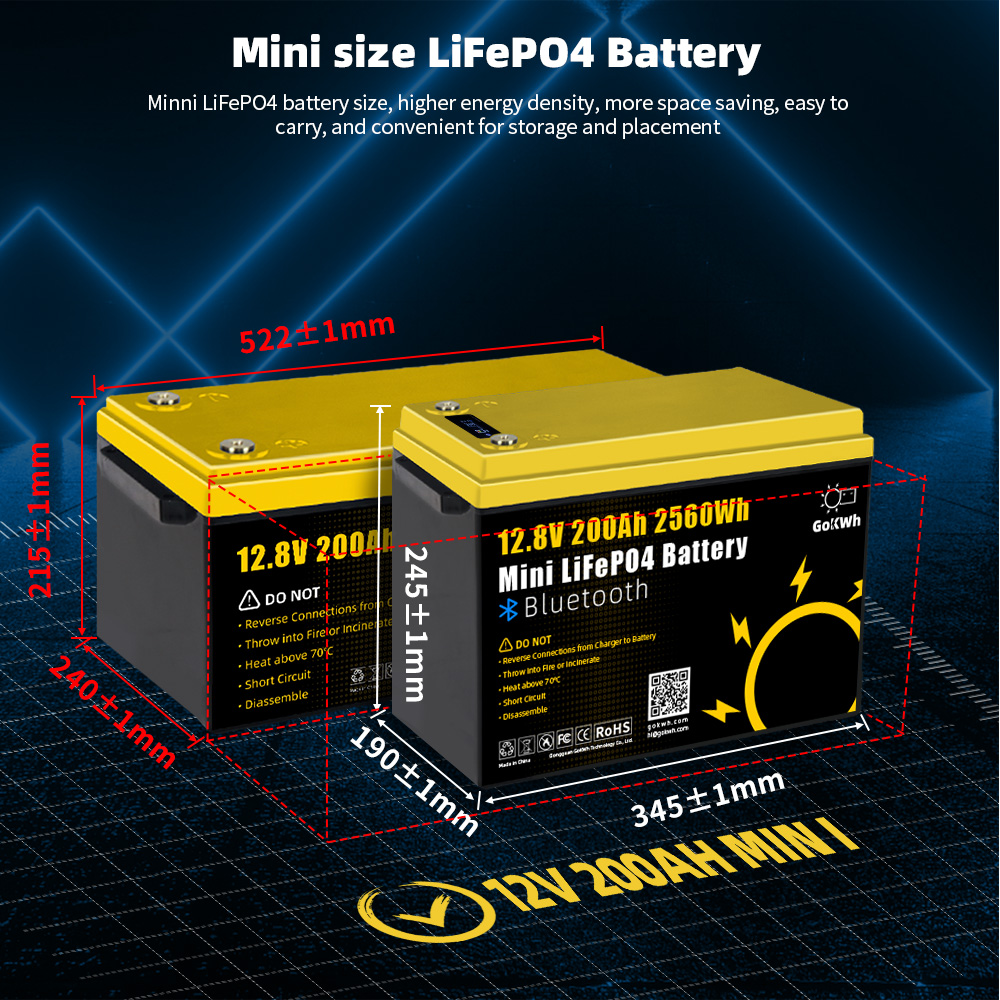 GoKWh 12V 200Ah LiFePO4 Battery 2560Wh Built-in BMS & Bluetooth for Solar Storage and Off-Grid Systems