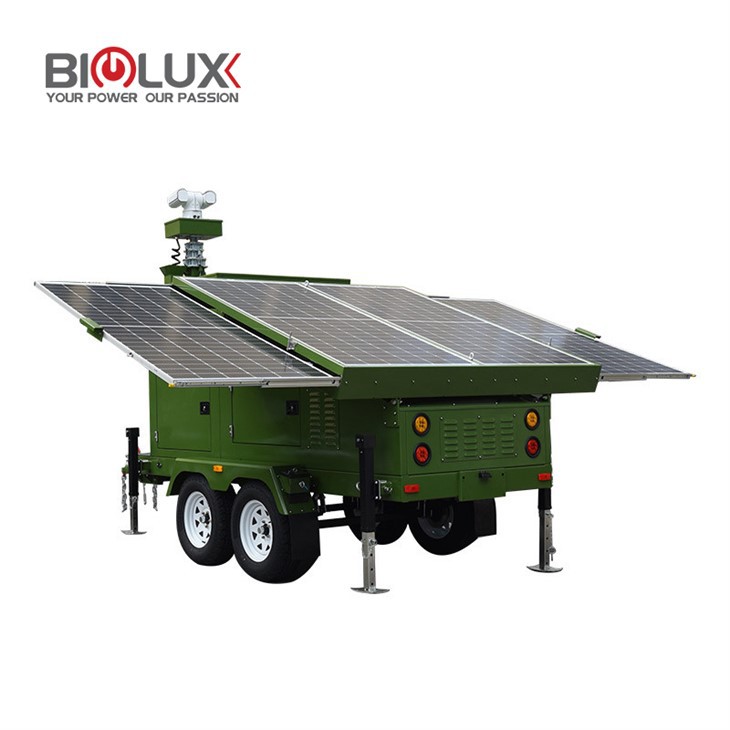 Military Light Tower With CCTV Camera Green Color, Manual/Automatic Lift Rod, Expandable Solar Panels for Surveillance at Construction Sites and Remote Areas