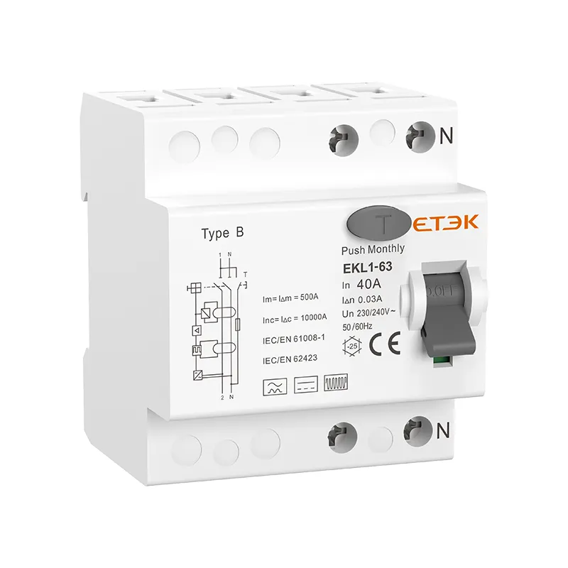 EKL1-63B RCCB Type B 2P/4P 16-63A 30/100/300mA DC Residual Current Protection for EV Charging, PV Systems ETEK