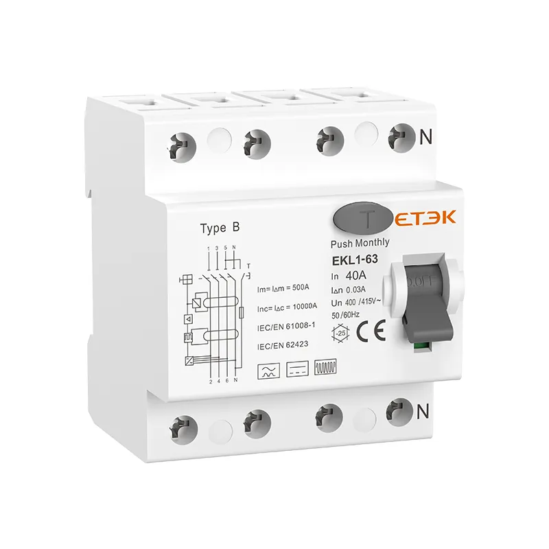 EKL1-63B RCCB Type B 2P/4P 16-63A 30/100/300mA DC Residual Current Protection for EV Charging, PV Systems ETEK