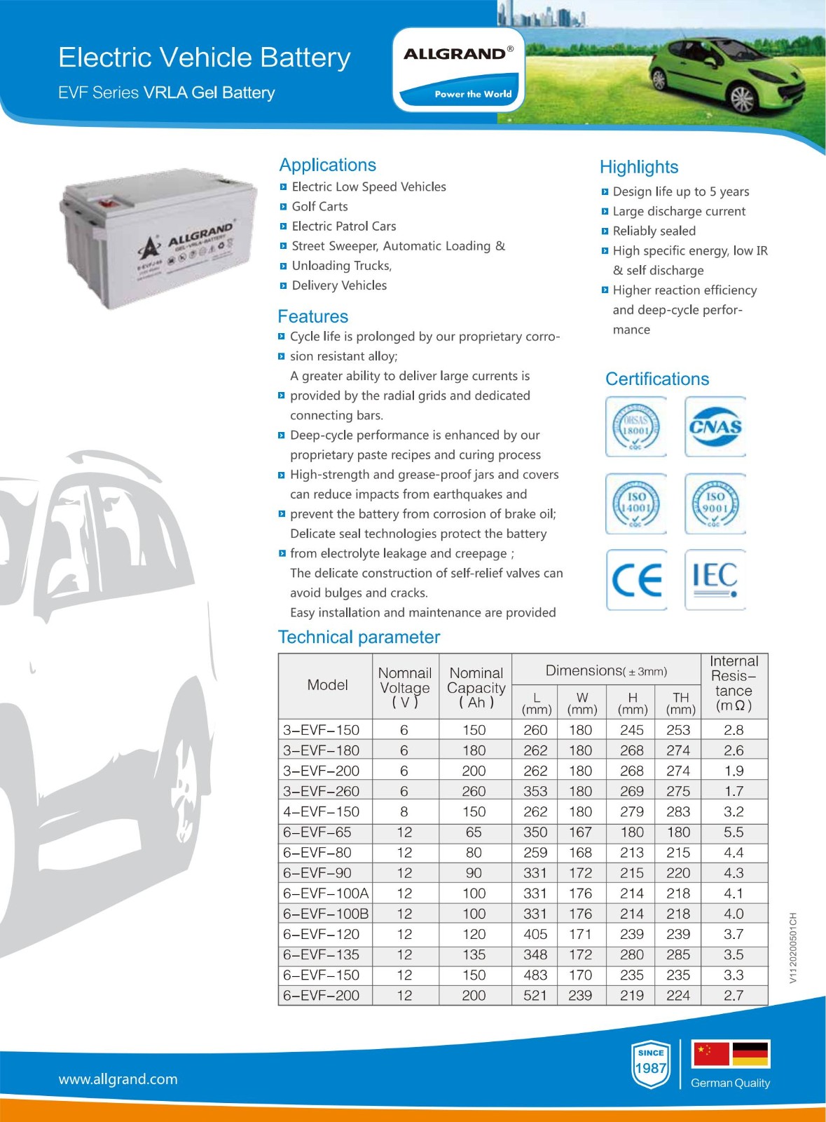 3-EVFJ-200 Deep Cycle Battery High Energy Low IR Electric Low Speed Vehicles Golf Carts